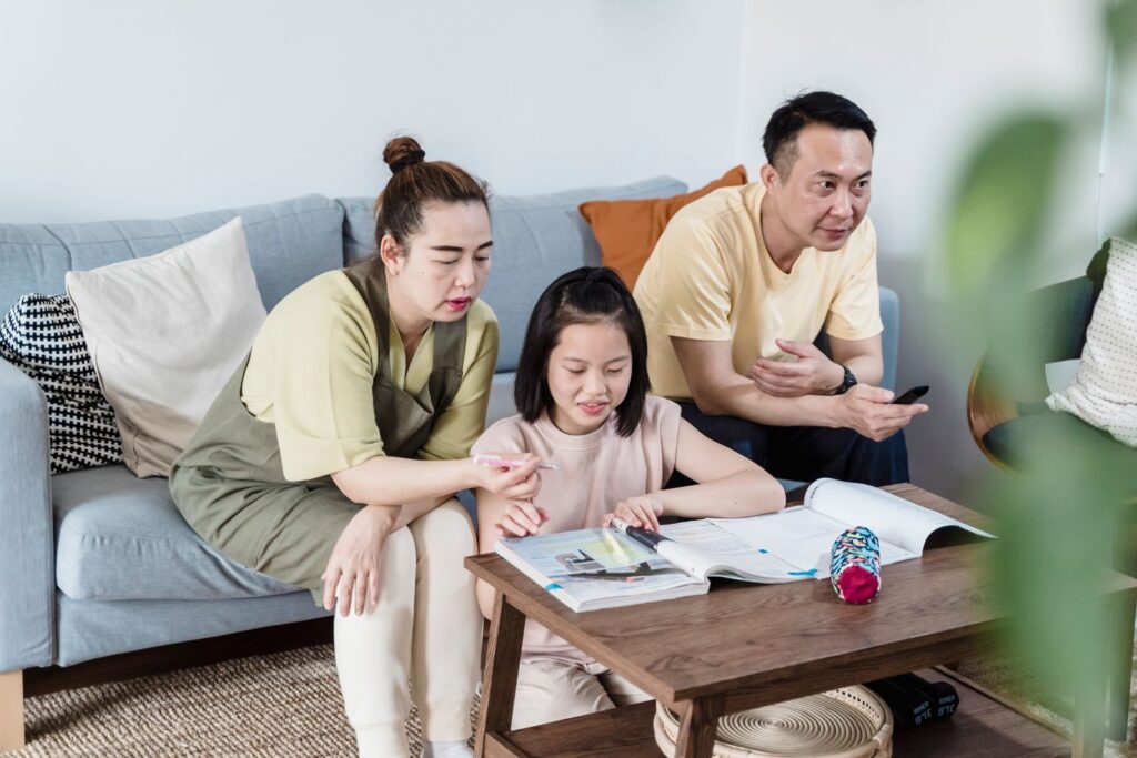 Family at home in the living room